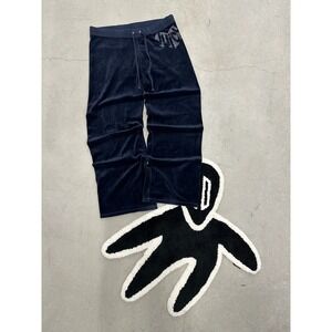 Juicy Couture Navy Blue Velour Rhinestone Logo Track Pants Wide Leg Womens Large